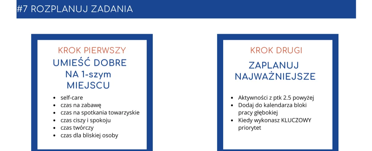 Krok 7 szablonu MasterPlan: najpierw dobre rzeczy w kalendarzu, potem najważniejsze zadania i bloki pracy głębokiej
