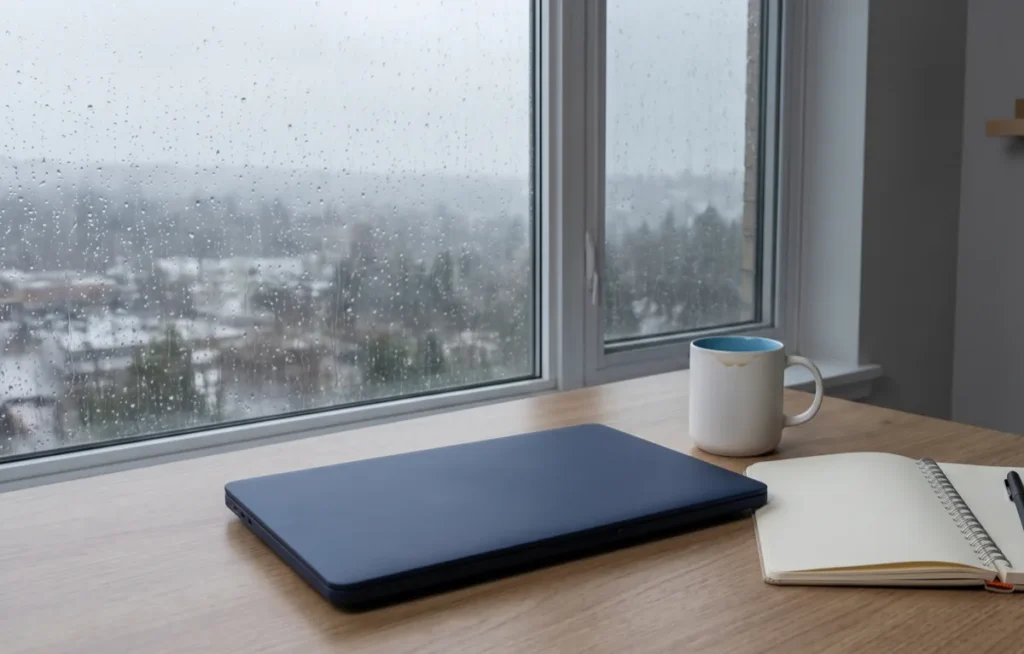 Zamknięty laptop, zimna kawa i otwarty pusty notatnik na biurku przy oknie zalanym deszczem