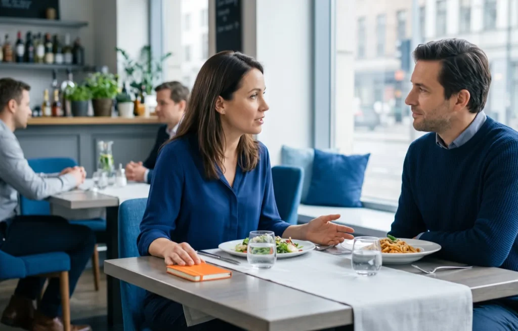 Kobieta i mężczyzna rozmawiają przy stoliku w bistro, kobieta mówi spokojnie i wprost z otwartą dłonią na blacie