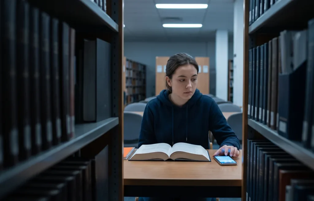 Widok przez szparę między regałami biblioteki: studentka nad podręcznikiem, obok świecący telefon przy jej dłoni