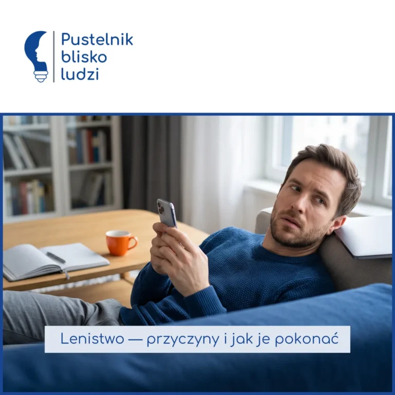 Mężczyzna półleży na kanapie w środku dnia z telefonem w dłoni, obok odstawiony zamknięty laptop i przerwane notatki na stoliku