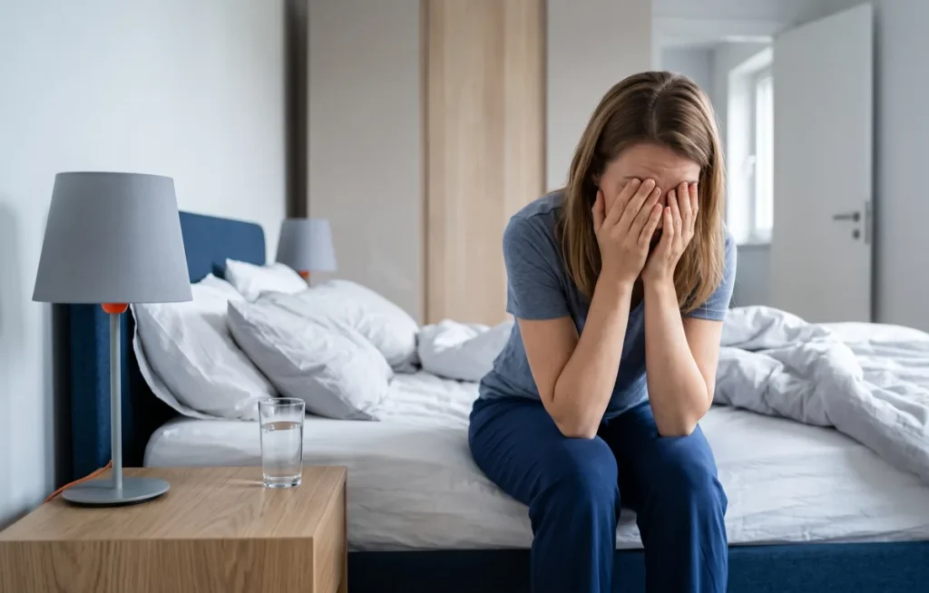 Kobieta siedzi na brzegu łóżka w pełnym dziennym świetle i zakrywa twarz dłońmi, wyraźnie niewyspana mimo że dzień się zaczął