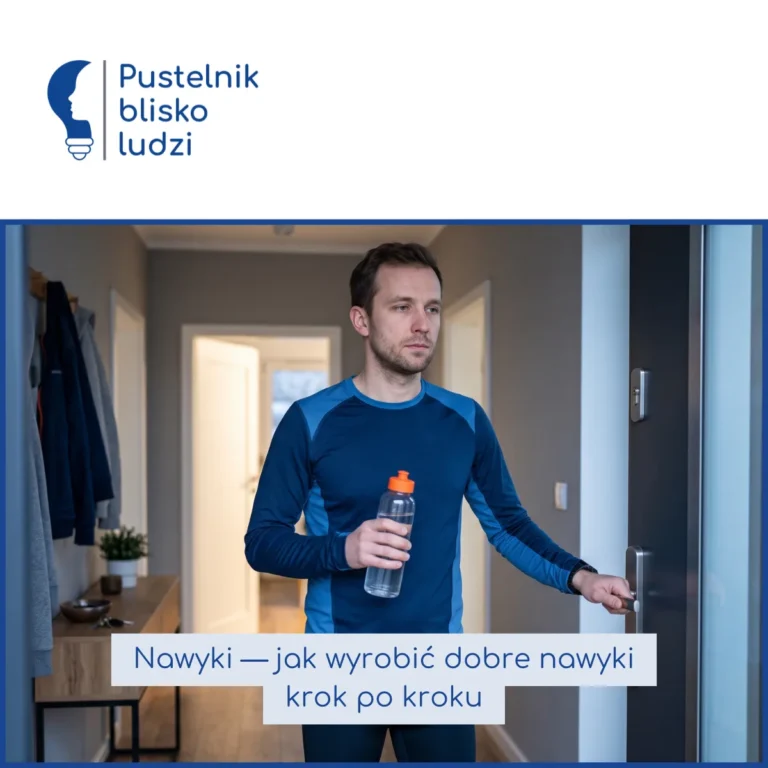 Mężczyzna w stroju do biegania naciska klamkę drzwi wejściowych o poranku, w drugiej ręce butelka z wodą — poranny nawyk wychodzenia na trening