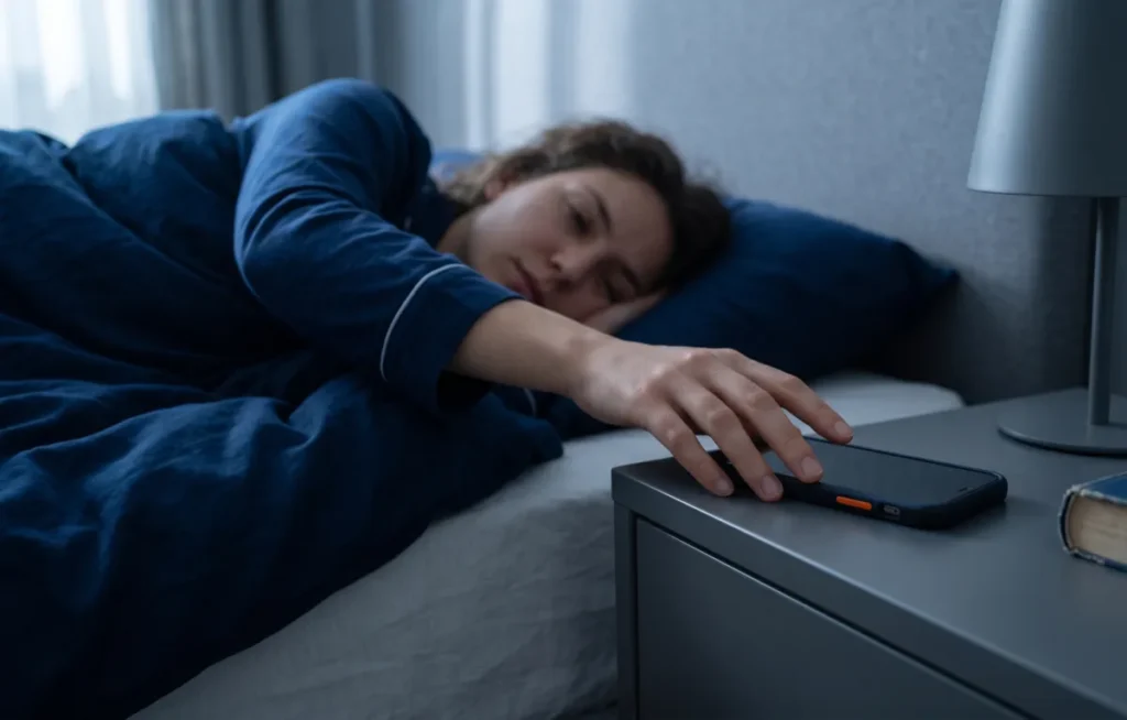 Kobieta półprzytomnie sięga z łóżka po telefon leżący na szafce nocnej — nawyk uruchamiany automatycznie zaraz po przebudzeniu