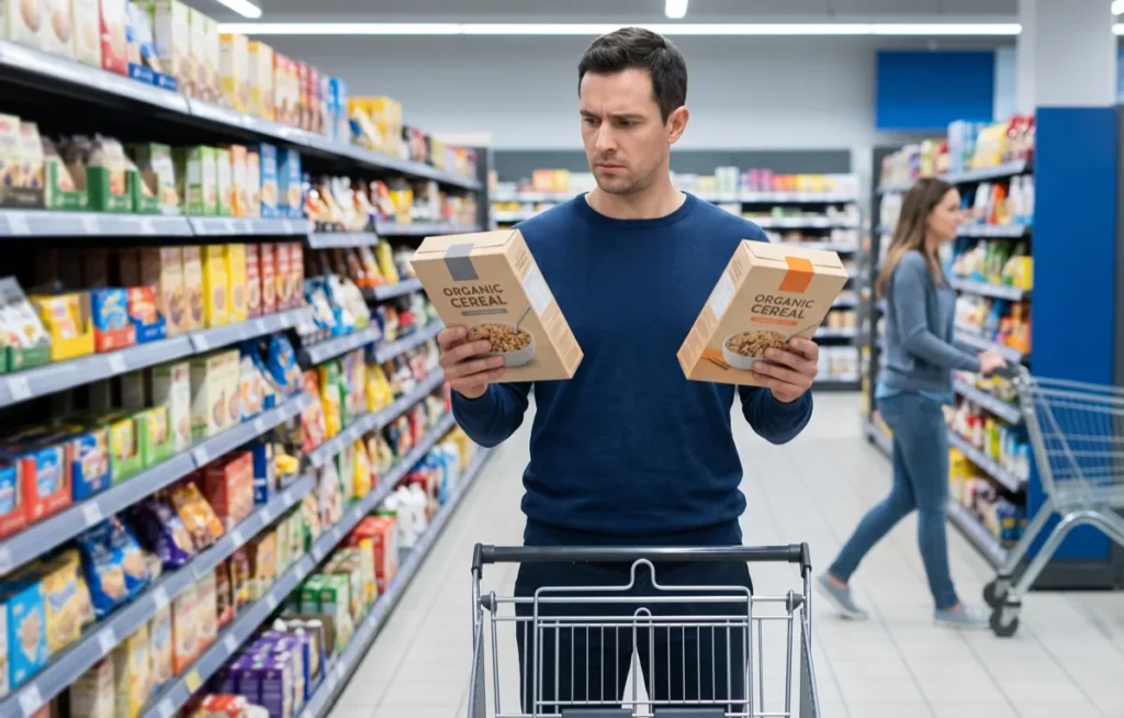 Mężczyzna stoi w alejce supermarketu i porównuje dwa niemal identyczne opakowania, koszyk czeka obok — paraliż decyzyjny