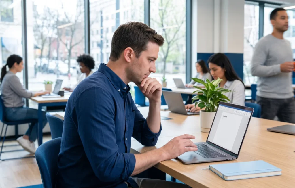 Mężczyzna w przestrzeni coworkingowej siedzi przed laptopem z pustym dokumentem, dłoń zawieszona nad klawiaturą, wokół pracują inni