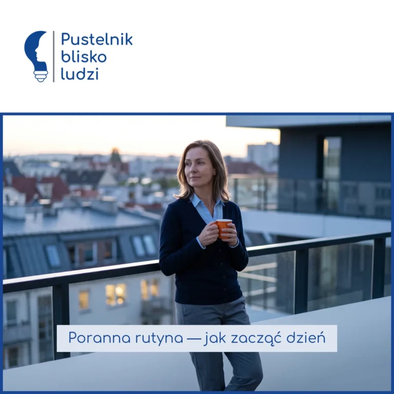 Kobieta stoi o świcie na balkonie z kubkiem w dłoniach i patrzy na budzące się miasto, zamiast sięgać po telefon