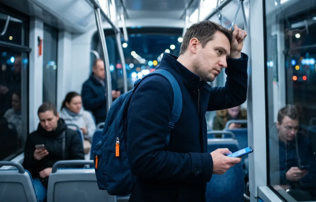Mężczyzna z plecakiem stoi w wieczornym tramwaju, opiera głowę o poręcz przy szybie, w opuszczonej dłoni świecący telefon