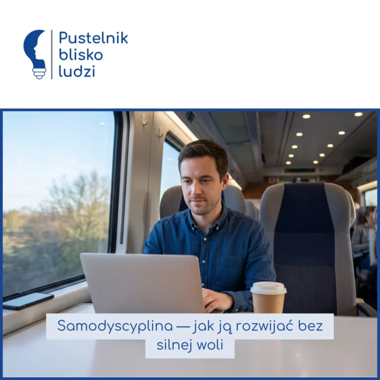 Mężczyzna pracuje na laptopie przy stoliku w wagonie pociągu, telefon leży odłożony poza zasięgiem ręki, za oknem poranny krajobraz