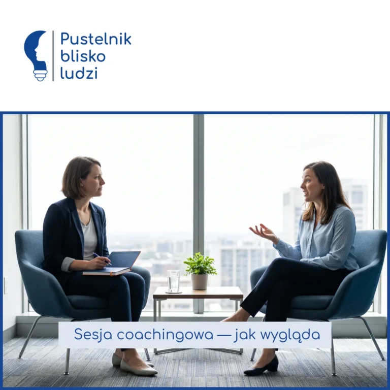 Coach i klientka siedzą naprzeciw siebie w fotelach przy dużym oknie, klientka mówi i gestykuluje