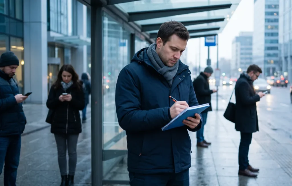 Mężczyzna zapisuje coś w notatniku na przystanku, podczas gdy inni czekający patrzą w telefony