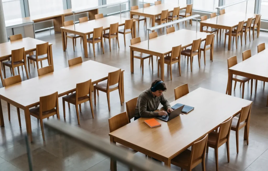 Widok z góry na czytelnię: samotny mężczyzna w słuchawkach pracuje przy stole, wokół puste miejsca