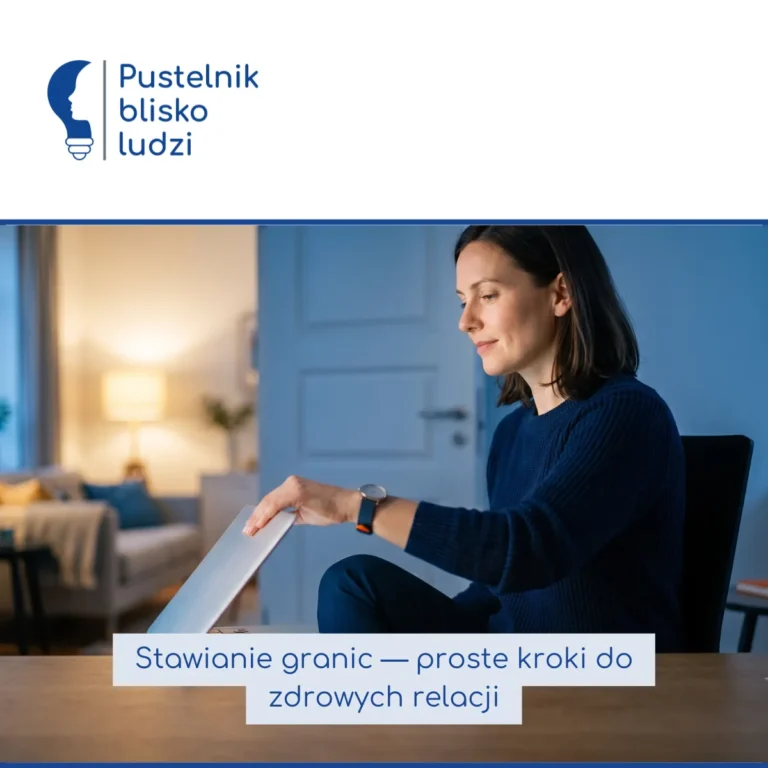 Kobieta spokojnie zamyka klapę laptopa wieczorem przy biurku w domu, w tle uchylone drzwi do oświetlonego salonu