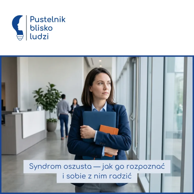 Kobieta w granatowej marynarce stoi w jasnym lobby biurowca, przyciskając laptop i notes do piersi, patrzy w bok