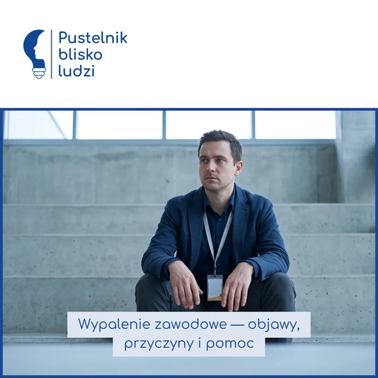 Mężczyzna w marynarce z identyfikatorem na szyi siedzi sam na betonowych schodach w biurowcu, obok leży zamknięty laptop — wypalenie zawodowe
