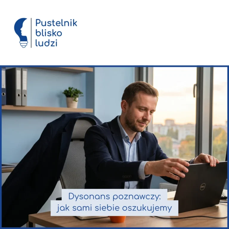 Mężczyzna w biurze zamyka laptopa z wymuszoną ulgą, mimo że praca nie jest skończona