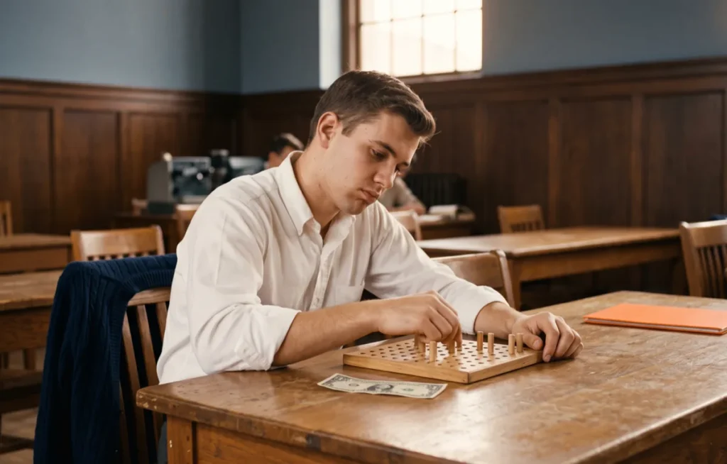 Student w retro sali uniwersyteckiej obraca drewniane kołki w desce, obok leży banknot jednodolarowy