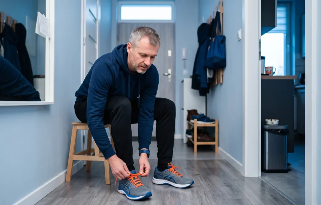 Mężczyzna w stroju sportowym zawiązuje buty do biegania w przedpokoju o poranku