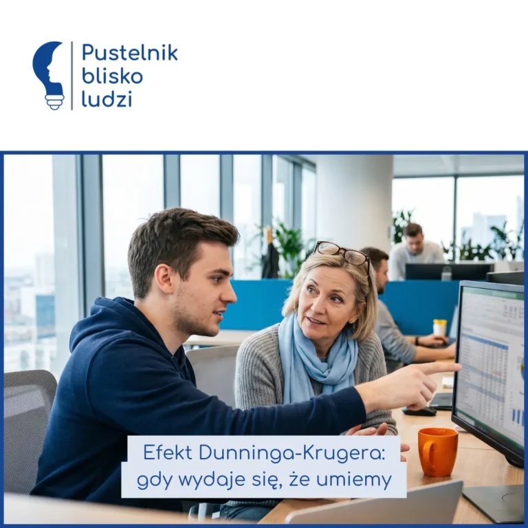 Młody pracownik pewnie tłumaczy coś przy monitorze, a starsza koleżanka słucha z uniesioną brwią