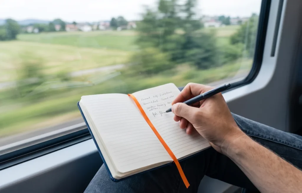 Dłoń zapisuje notatki w notesie z pomarańczową zakładką podczas jazdy pociągiem